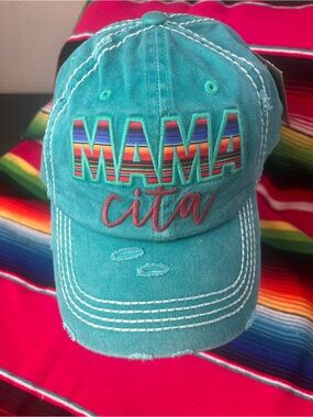 Teal 'MAMA cita”' Embroidered Distressed Baseball Cap